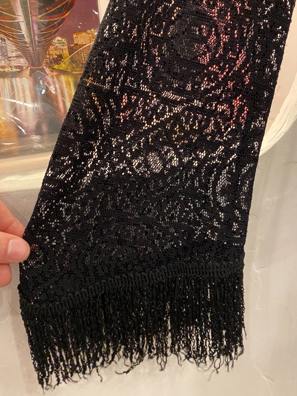 Vintage Dynamite Black Sheer Lace Long-Sleeve Top Cut Out & Flared Fringe Sleeve - Picture 3 of 7